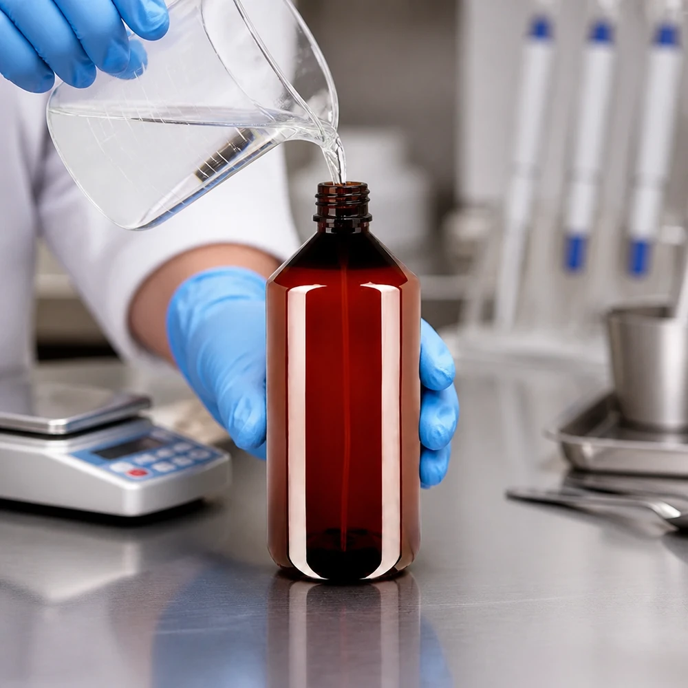 Laborant w niebieskich rękawiczkach napełnia brązową butelkę PET o pojemności 1000 ml w profesjonalnym laboratorium