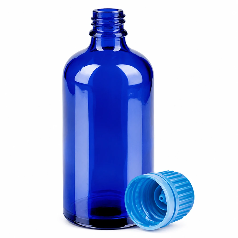 Butelka 100 ml 11 mm SV niebieski OV BlueLine UT18/100 Niebieska szklana butelka 100 ml z gwintem UT18 i niebieską zakrętką do bezpiecznego przechowywania