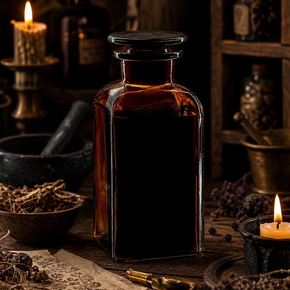 Kwadratowa butelka 350 ml z brązową szeroką szyjką i szklanym korkiem Klasyczna butelka kwadratowa o pojemności 350 ml, brązowa, z szklanym korkiem, w świetle świec w aptece