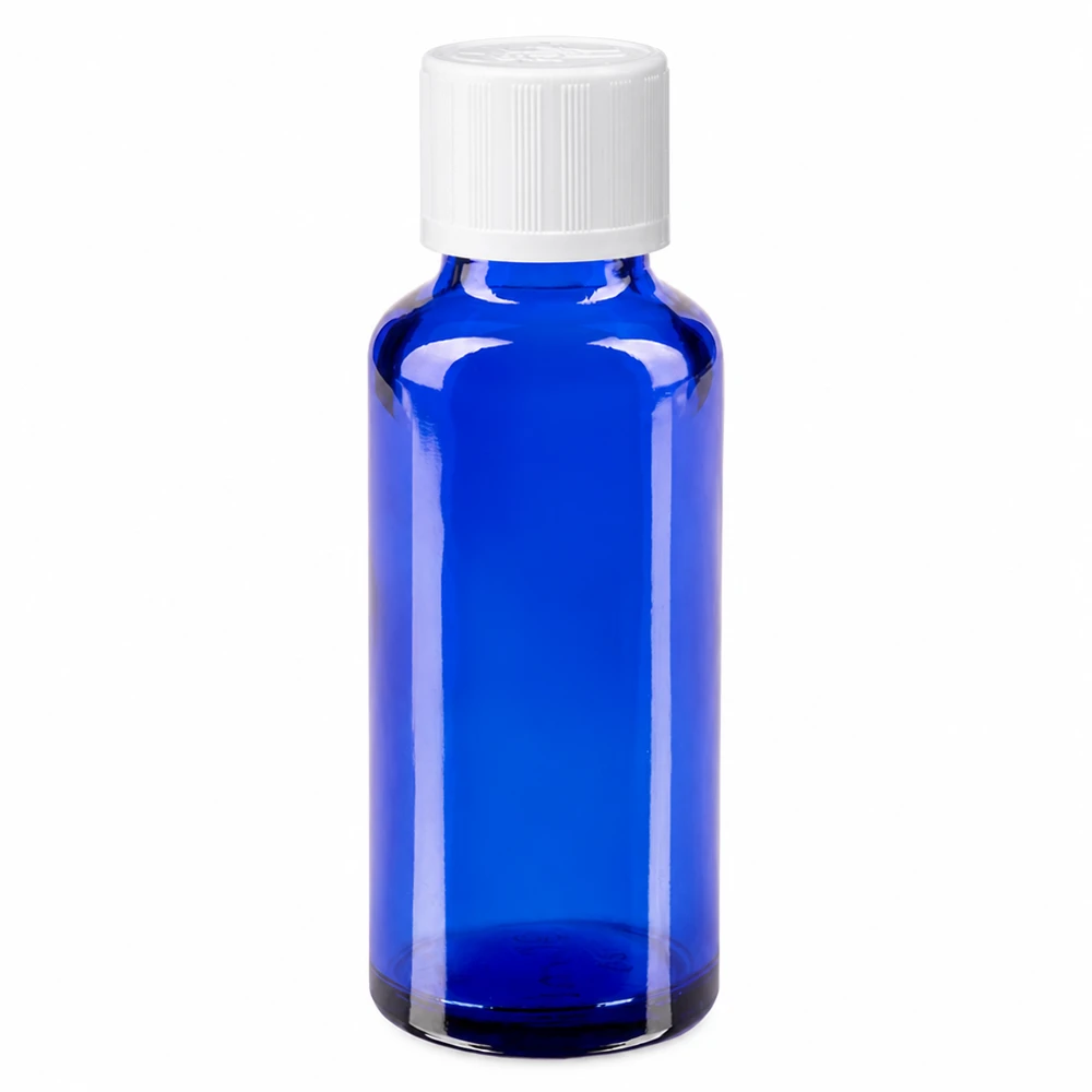 Butelka apteczna niebieska 30ml z kroplomierzem biała KiSi St 30 ml niebieska szklana buteleczka apteczna z białym zamknięciem zabezpieczającym przed dziećmi i wkładem do kroplomierza o średnicy 1,2 mm