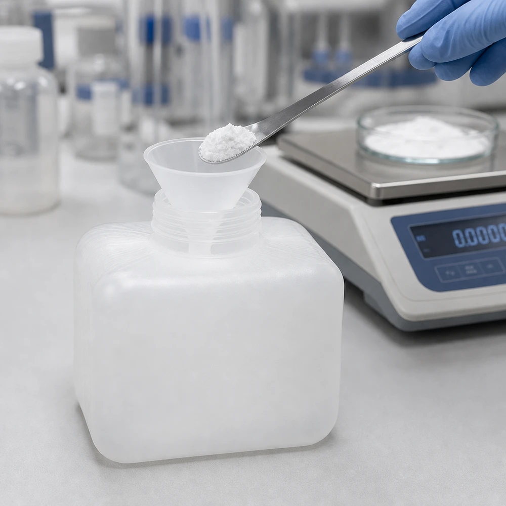 Butelka na chemikalia 250 ml z PE-HD, z wąską szyjką, w kolorze naturalnym, do napełniania proszkiem; waga laboratoryjna; szpatułka