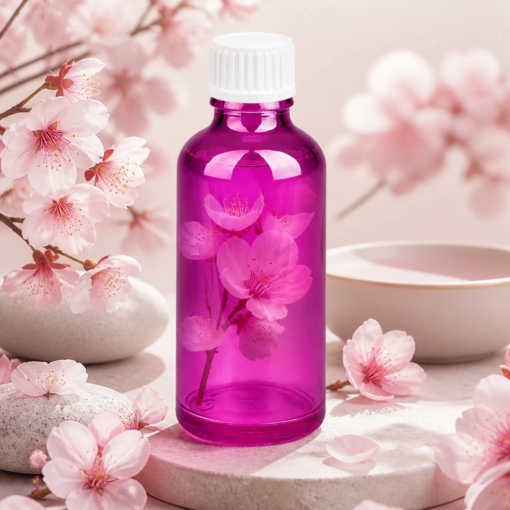 Butelka 50 ml (kuleczka) z pierścieniem nalewowym 3 mm, biała Standard PurpleLine. UT18/50 Wysokiej jakości szklana butelka 50 ml w kolorze fioletowym z ochroną UV dla wrażliwych na światło składników aktywnych