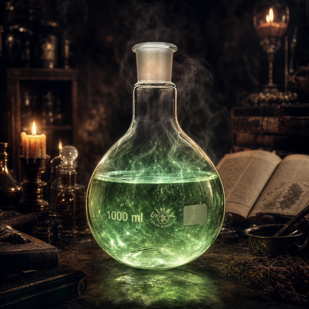 Kolba 1000 ml ze standardowym szlifowanym złączem (29/32) Kolba laboratoryjna 1000 ml ze szkła borokrzemowego z zieloną substancją i zawartością pary do eksperymentów