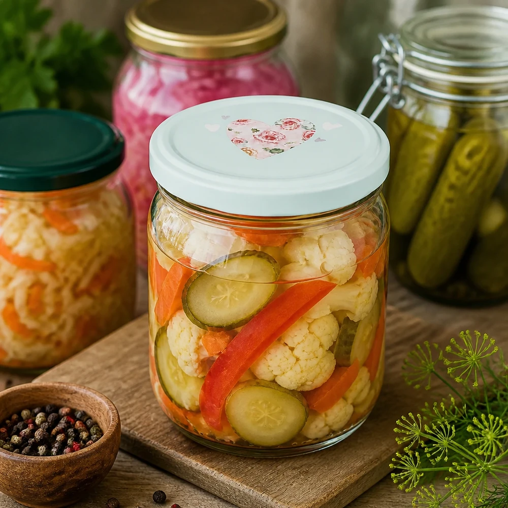 425ml okrągły słoik z miętową pokrywką w kształcie serca z kiszonymi warzywami ogórki kalafior papryka słoik na przetwory fermentacyjne