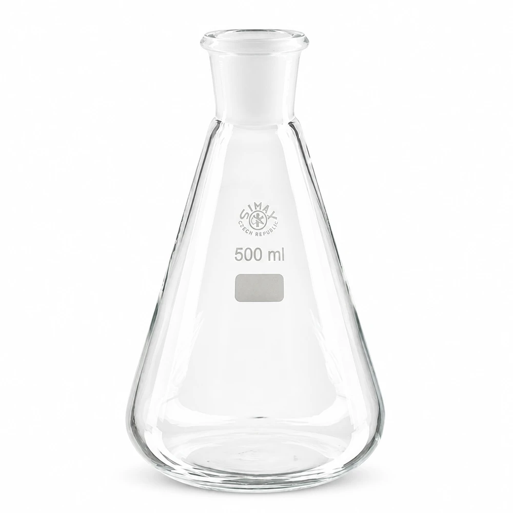 Kolba Erlenmeyera 500 ml ze standardowym szlifowanym złączem (29/32) Kolba Erlenmeyera 500 ml ze szkła borokrzemowego ze standardowym szlifowanym złączem 29/32 do zastosowań laboratoryjnych