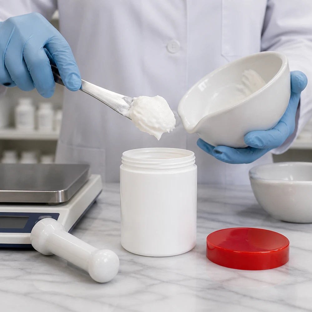 Farmaceuta napełnia biały słoik na maść o pojemności 100 g z polipropylenu (PP) z czerwoną zakrętką z porcelanowej miseczki