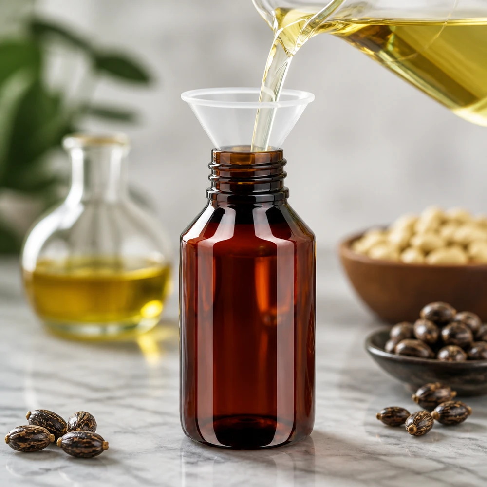 Butelka PET 50 ml z zieloną nakrętką OV Butelka PET o pojemności 50 ml w kolorze bursztynowym z zieloną nakrętką, przeznaczona do napełniania olejami roślinnymi i ekstraktami