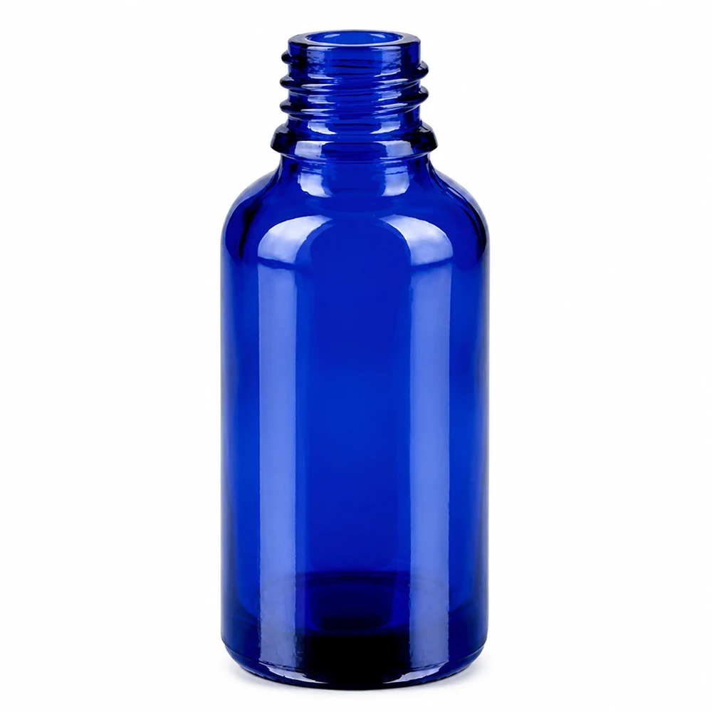 Wysokiej jakości butelka z zakraplaczem o pojemności 30 ml wykonana z niebieskiego szkła z końcówką 0,7 mm do precyzyjnej aplikacji.