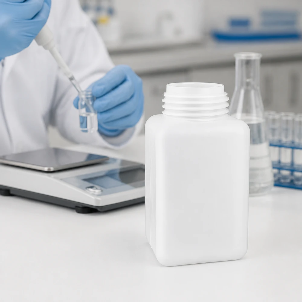 Butelka na chemikalia 1000ml, szeroka szyjka wykonana z PE-HD, kolor naturalny, GL 65 Butelka na chemikalia o pojemności 1000 ml z polietylenu wysokogęstościowego (PE-HD) z szeroką szyjką, używana obok wagi laboratoryjnej i kolby Erlenmeyera