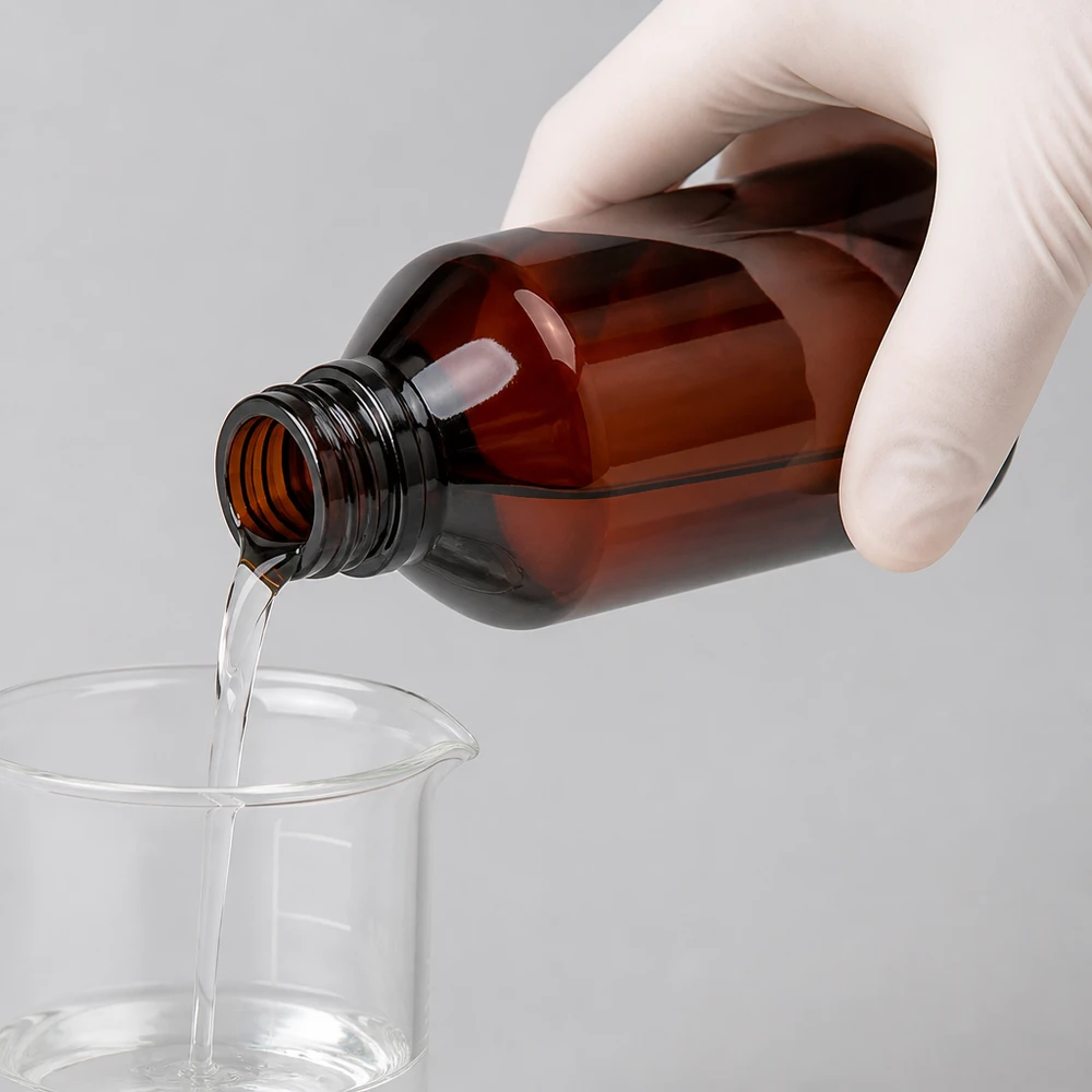 Przezroczysty płyn przelewa się do zlewki laboratoryjnej z brązowej butelki PET o pojemności 750 ml z zakrętką
