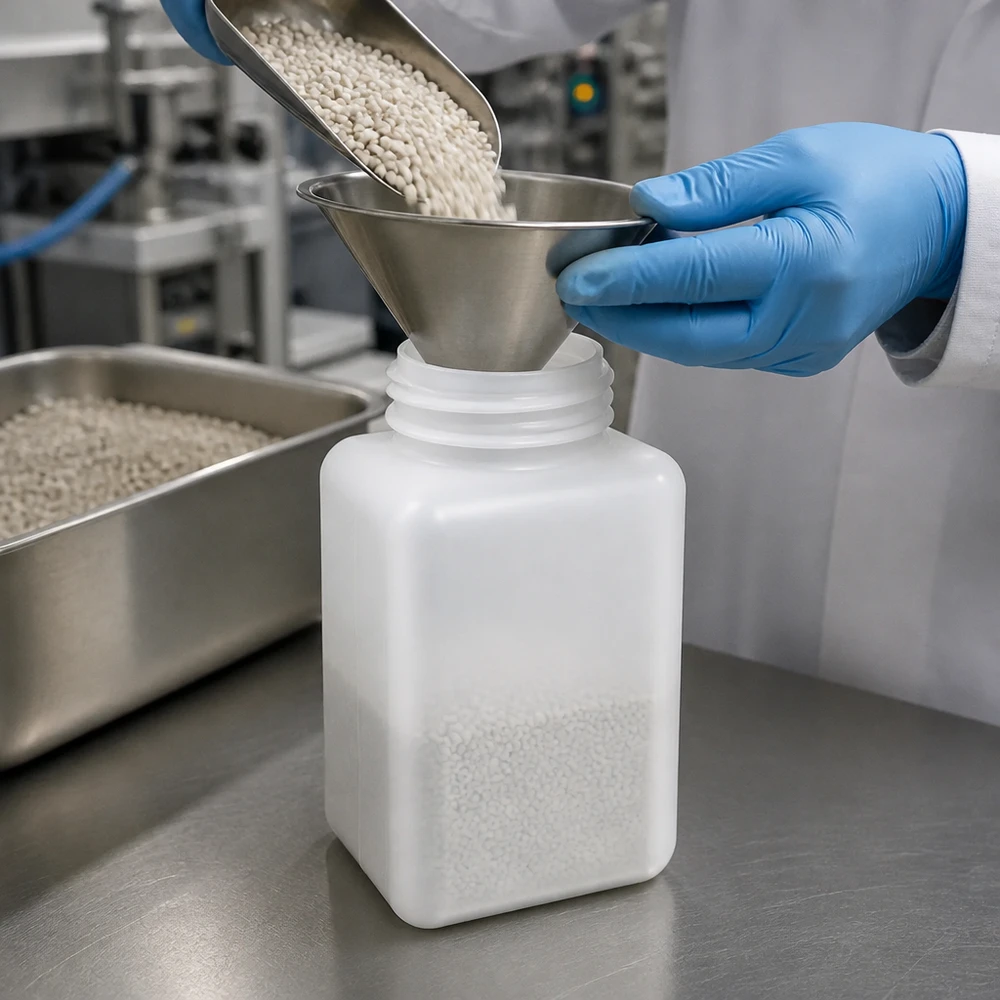 Butelka na chemikalia o pojemności 1000 ml z polietylenu HD (PE-HD) z szeroką szyjką podczas napełniania granulatem za pomocą leja ze stali nierdzewnej w laboratorium