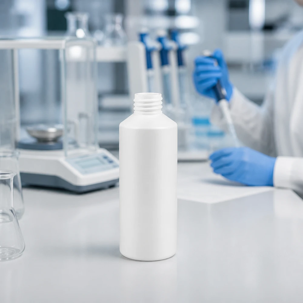 Biała butelka z tworzywa sztucznego HDPE o pojemności 100 ml bez nakrętki na białym blacie laboratoryjnym