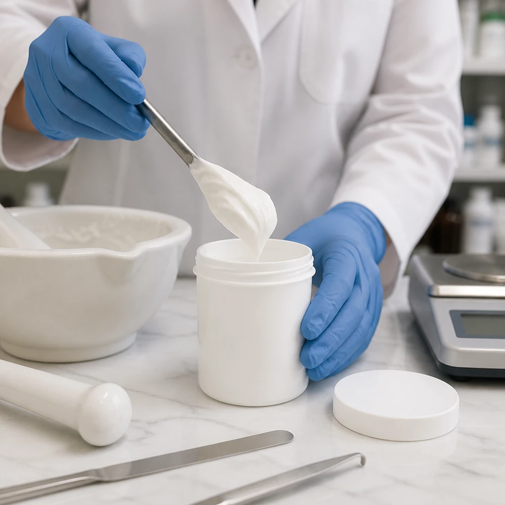 Słoiczek na maść 30g biały z białą zakrętką (PP) Rozlewanie preparatu farmaceutycznego do białego słoika na maść o pojemności 30 g z zakrętką przez laboranta w rękawiczkach ochronnych