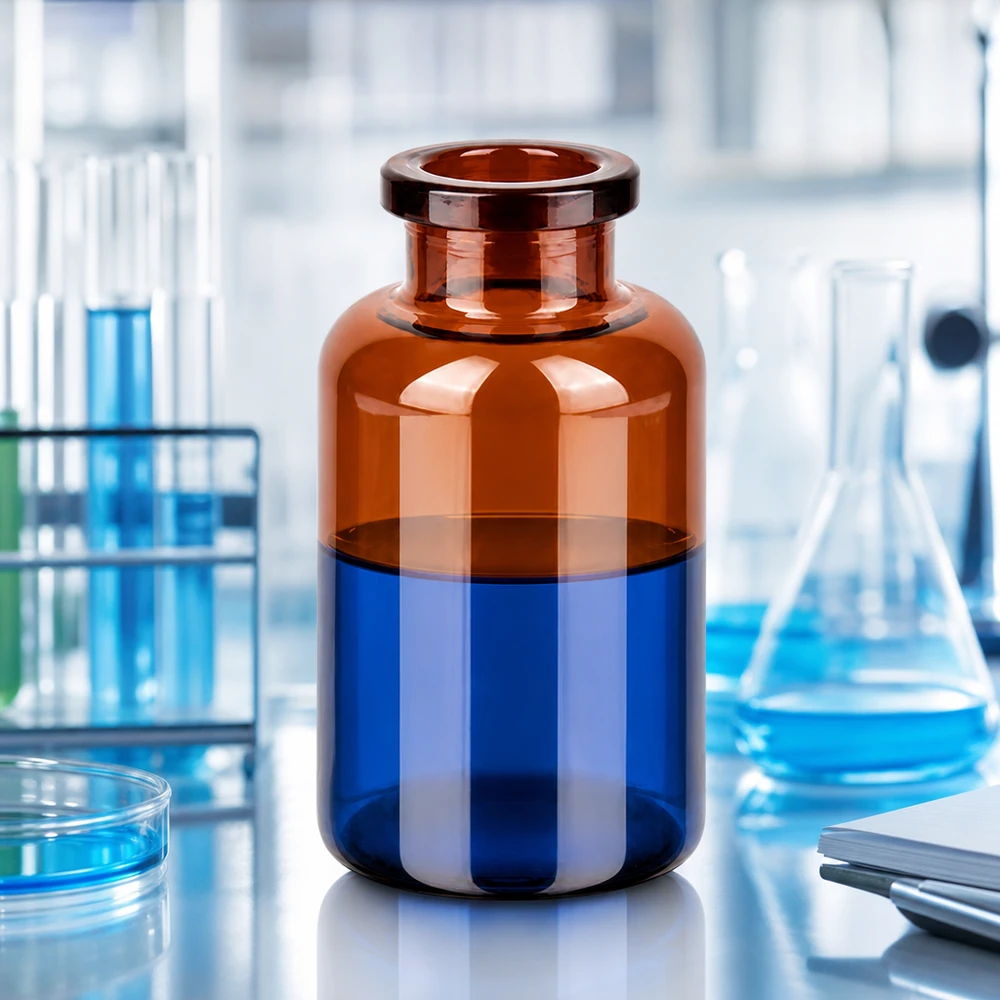 Butelka iniekcyjna z bursztynowego szkła 20 ml Kompakte Braunglas Injektionsflasche 20ml mit weitem Hals auf Labortisch