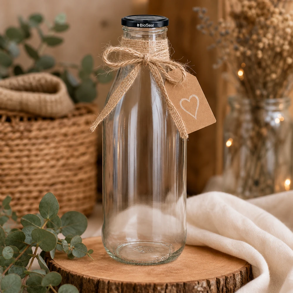 Szklana butelka 1000 ml + pokrywka BioSeal czarna UNiTWIST. Całkowicie szczelna z dużą pokrywką TO48. Do mleka, soków i lemoniady. 1000ml szklana butelka BioSeal na drewnianym krążku ozdobiona jutową kokardką zawieszka serce rustykalna dekoracja zrównoważona