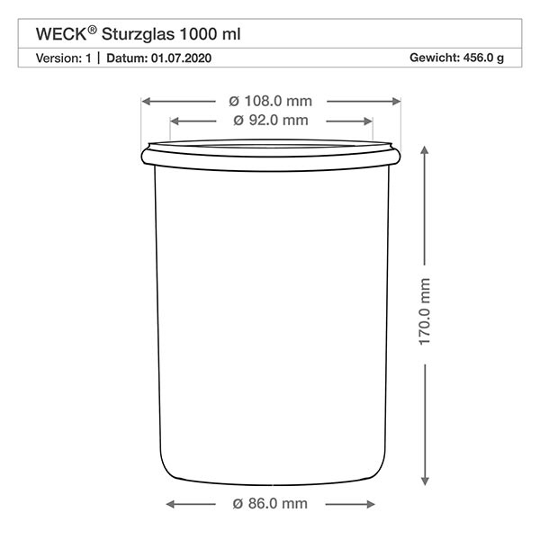 Tumbler 1000ml WECK RR100 z korkiem naturalny Rysunek techniczny kubków WECK 1000ml RR100 o wymiarach Średnica 108mm 92mm 86mm Wysokość 170mm Specyfikacja