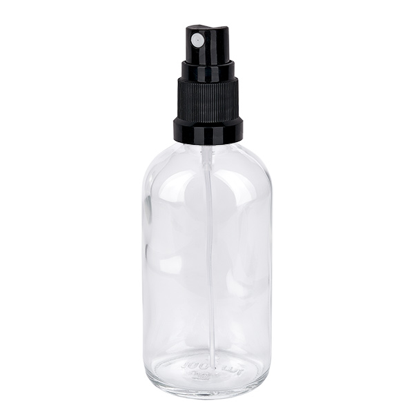 100 ml butelka ze spryskiwaczem czarna/przezroczysta STD ClearLine UT18/100 Przezroczysta szklana butelka z atomizerem o pojemności 100 ml z czarnym pompką, seria ClearLine