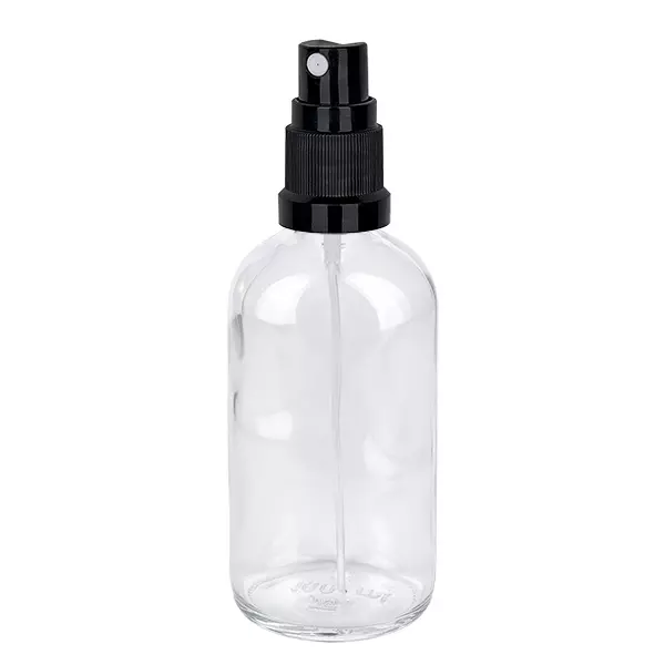 100 ml butelka ze spryskiwaczem czarna STD ClearLine UT18/100 Przezroczysta szklana butelka z atomizerem o pojemności 100 ml z czarnym pompką, seria ClearLine