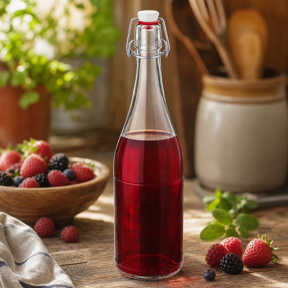 750ml szklana butelka typu swing top wypełniona sokiem jagodowym kuchnia martwa natura mieszane jagody napój owocowy rustykalny