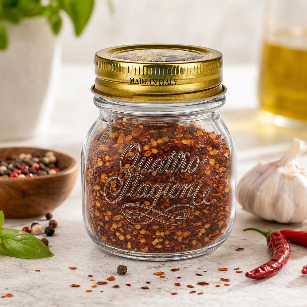 150 ml okrągły słoik Quattro Stagioni ze złotą pokrywką wypełniony mieszanką przypraw chili Made in Italy