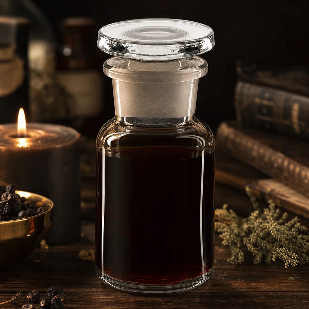 Okrągła butelka na ramię 50 ml z przezroczystym szklanym korkiem z szeroką szyjką Butelka aptekarska w stylu vintage o pojemności 50 ml, z szeroką szyjką, ciemnoczerwoną zawartością i szklanym korkiem, w blasku świec