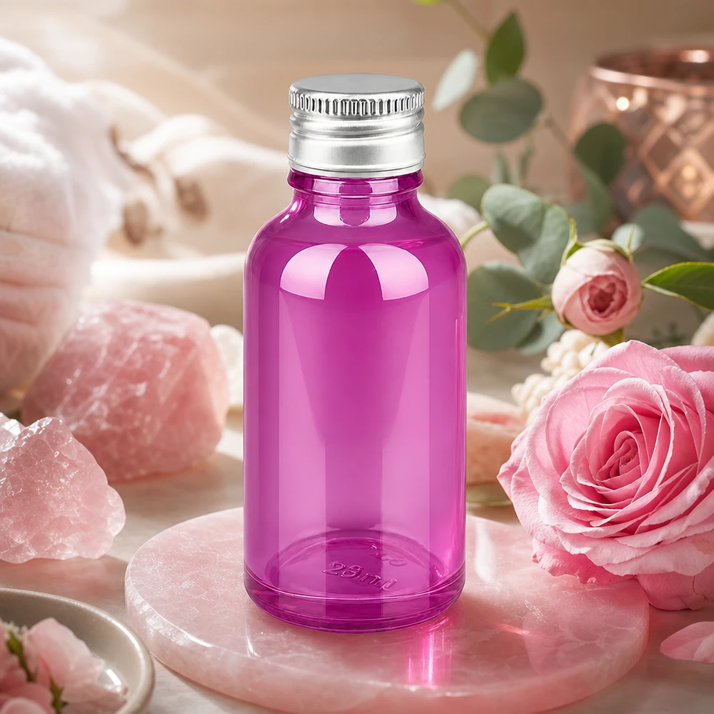Butelka 30ml 11mm zakrętka aluminiowo-srebrna standard PurpleLine.UT18/30 Wysokiej jakości fioletowa szklana butelka o pojemności 30 ml z matową aluminiową zakrętką do produktów kosmetycznych klasy premium