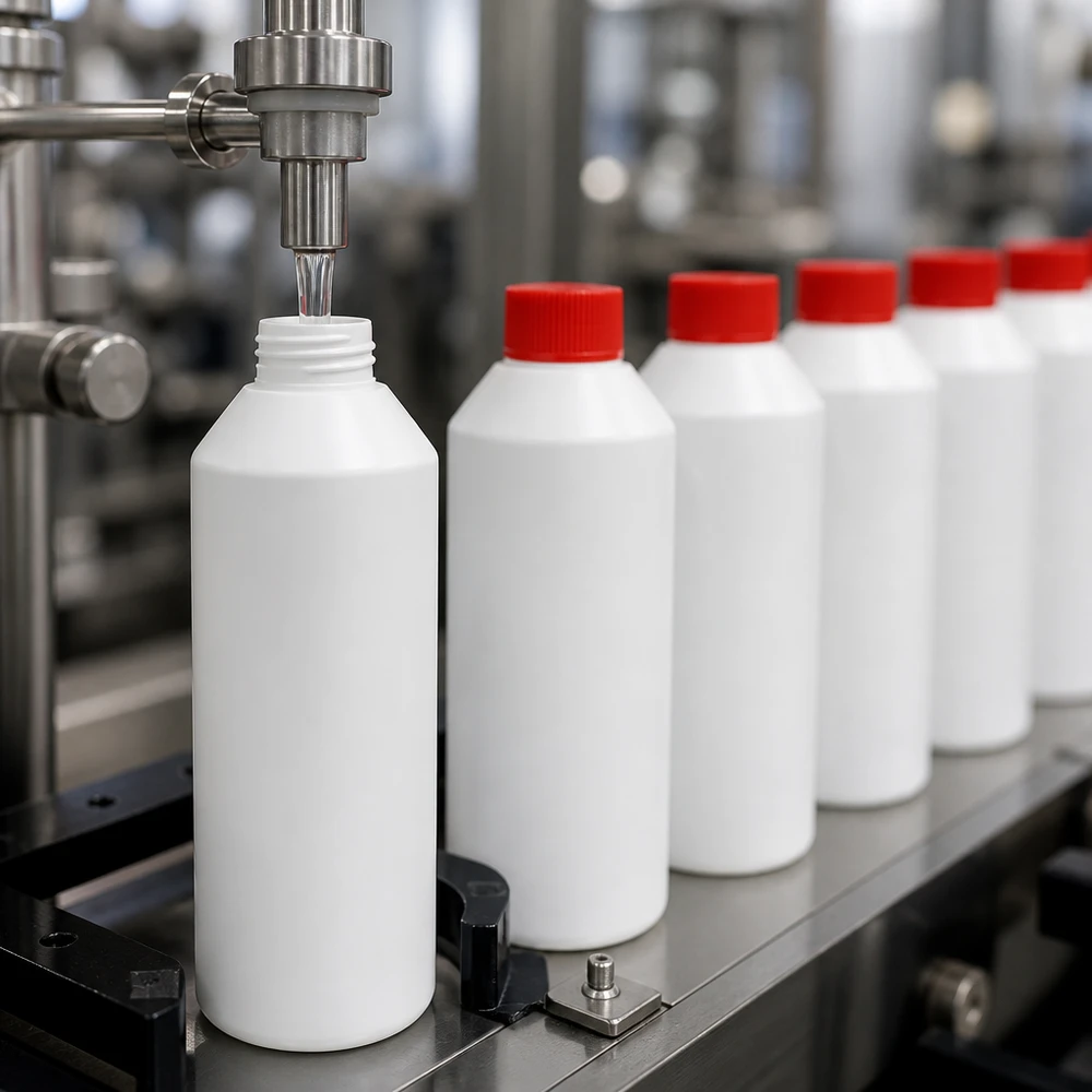 Butelka apteczna HDPE 250ml biała, z czerwonym SV Automatyczna linia rozlewnicza napełnia białe butelki apteczne z HDPE o pojemności 250 ml z czerwonymi zakrętkami