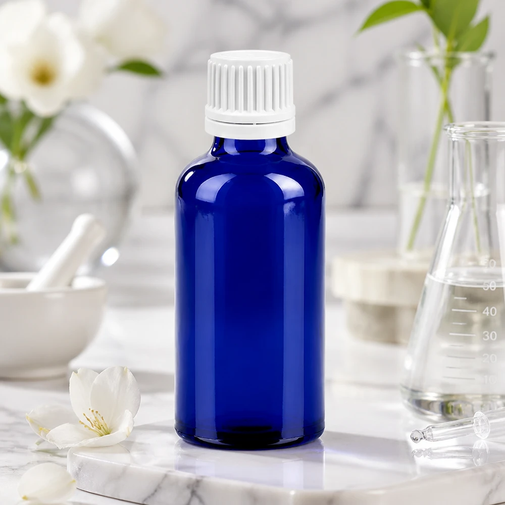 Butelka z zakraplaczem 50 ml 0,7 mm biały OV BlueLine UT18/50 Niebieska szklana butelka o pojemności 50 ml z białym zakraplaczem 0,7 mm do olejków eterycznych i nalewek