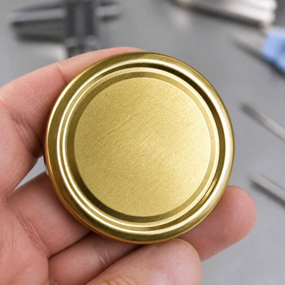 Pokrywka BasicSeal 100 mm, złota (TO100) UNiTWIST Ręka prezentuje okrągłą, złotą pokrywkę typu twist-off o średnicy 100 mm – TO100 BasicSeal UniTwist – zbliżenie