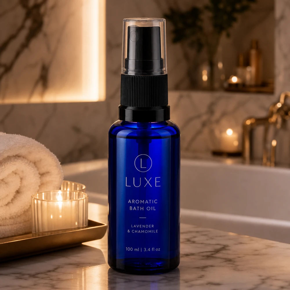Butelka apteczna niebieska 30ml nasadka rozpylająca czarna Niebieska szklana butelka apteczna z rozpylaczem o pojemności 30 ml z czarnym rozpylaczem w eleganckiej, luksusowej łazience