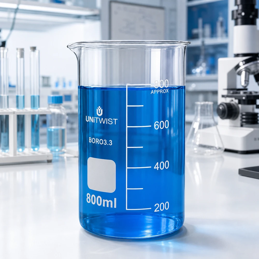 Zlewka 800ml borokrzemianowa, wysoka UNITWIST Szklana zlewka laboratoryjna UNITWIST o pojemności 800 ml, wysoka, z borokrzemianu, z niebieską cieczą na białym stole laboratoryjnym