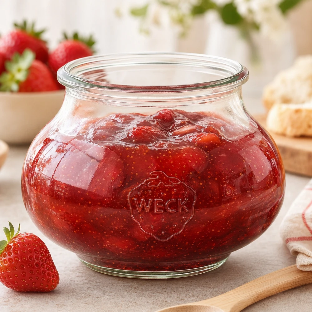 Szklany słoik dekoracyjny WECK RR80 o pojemności 560 ml Dekoracyjny słoik WECK RR80 560ml z domowym dżemem truskawkowym i drewnianą łyżką na blacie kuchennym