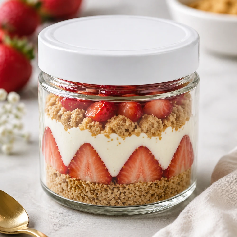 Okrągły kieliszek 135 ml z pokrywką BasicSeal biały kieliszek deserowy deser warstwowy truskawki kremowa kruszonka deser tiramisu