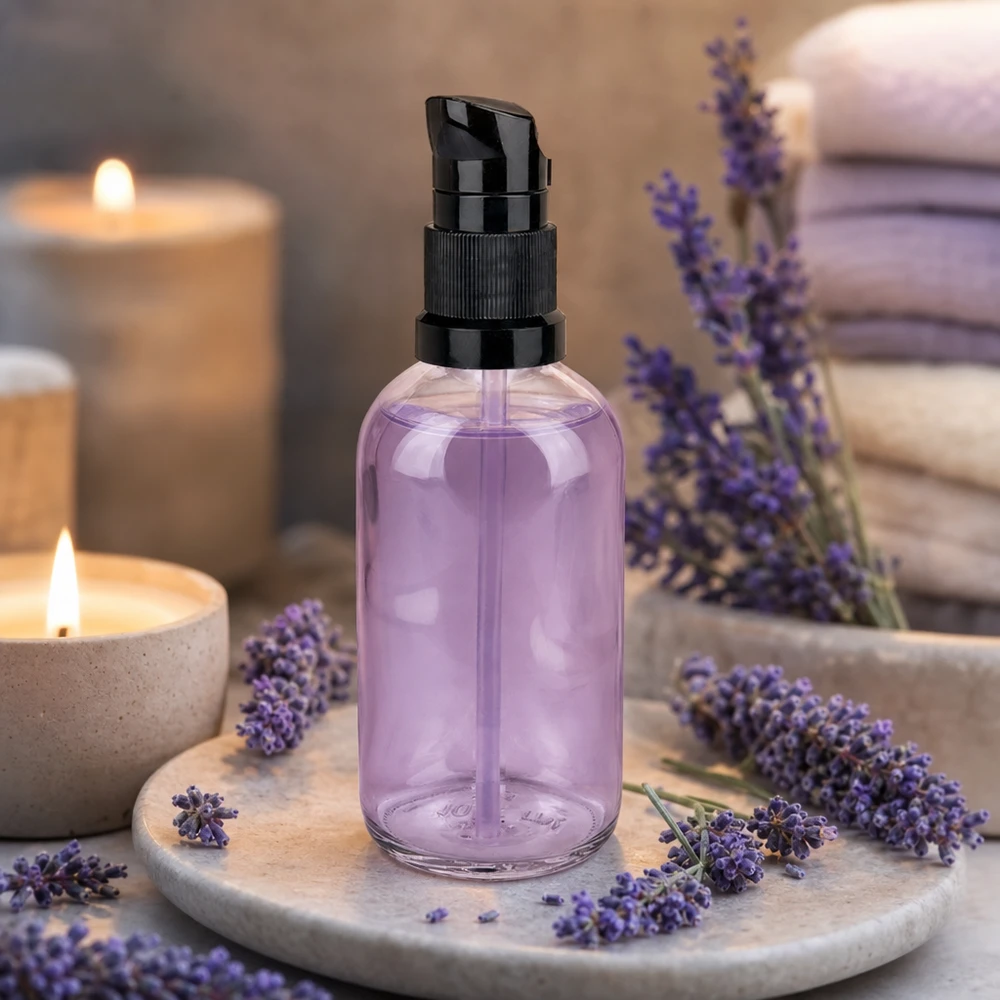 100 ml butelka z pompką czarna STD ClearLine UT18/100 Butelka z pompką na lawendę, 100 ml, fioletowa, z czarną pompką dozującą, ClearLine UT18, butelka kosmetyczna