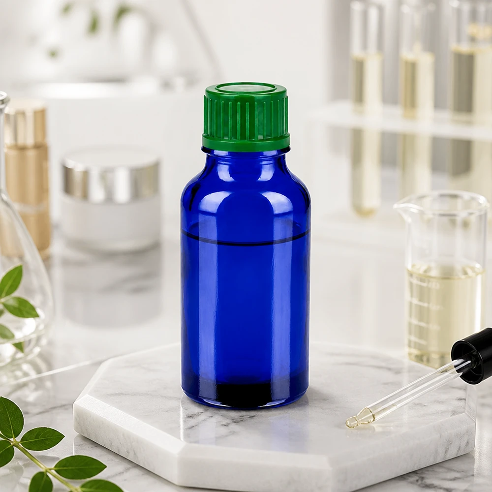 Butelka 20 ml 11 mm SV zielona STD BlueLine UT18/20 Kompaktowa butelka z zakraplaczem 20 ml wykonana z niebieskiego szkła z zieloną zakrętką do kosmetyków i laboratoriów BlueLine UT18/20
