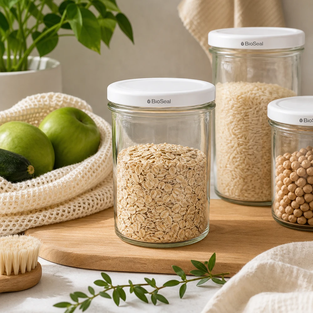 UNiTWIST Lintel350 z białą pokrywą TO82 BioSeal UNiTWIST Sturz350 Vorratsgläser mit TO82 BioSeal in nachhaltiger Zero-Waste Küche für plastikfreie Aufbewahrung