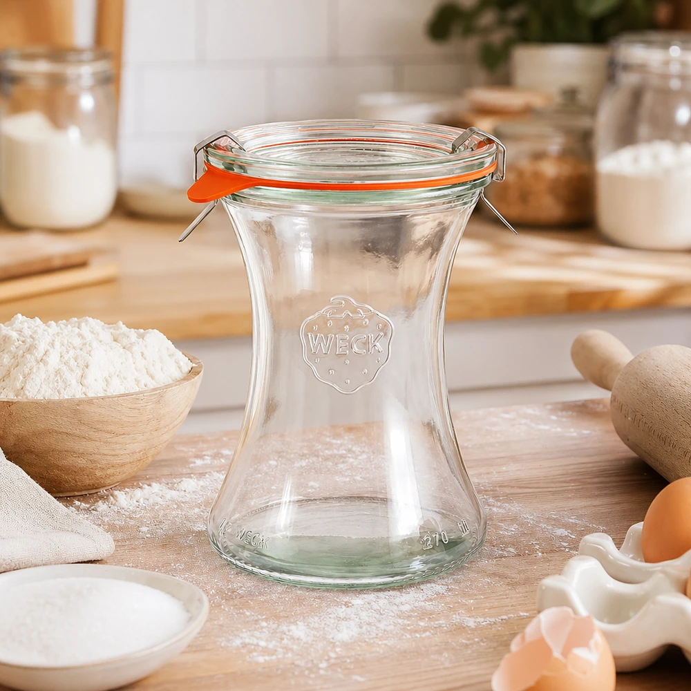 Słoik delikatesowy o pojemności 370 ml, kompletny, WECK RR80 WECK słoik delikatesowy 370ml RR80 pusty w kuchni ze składnikami do pieczenia mąka jajka drewniane przybory kuchenne atmosfera