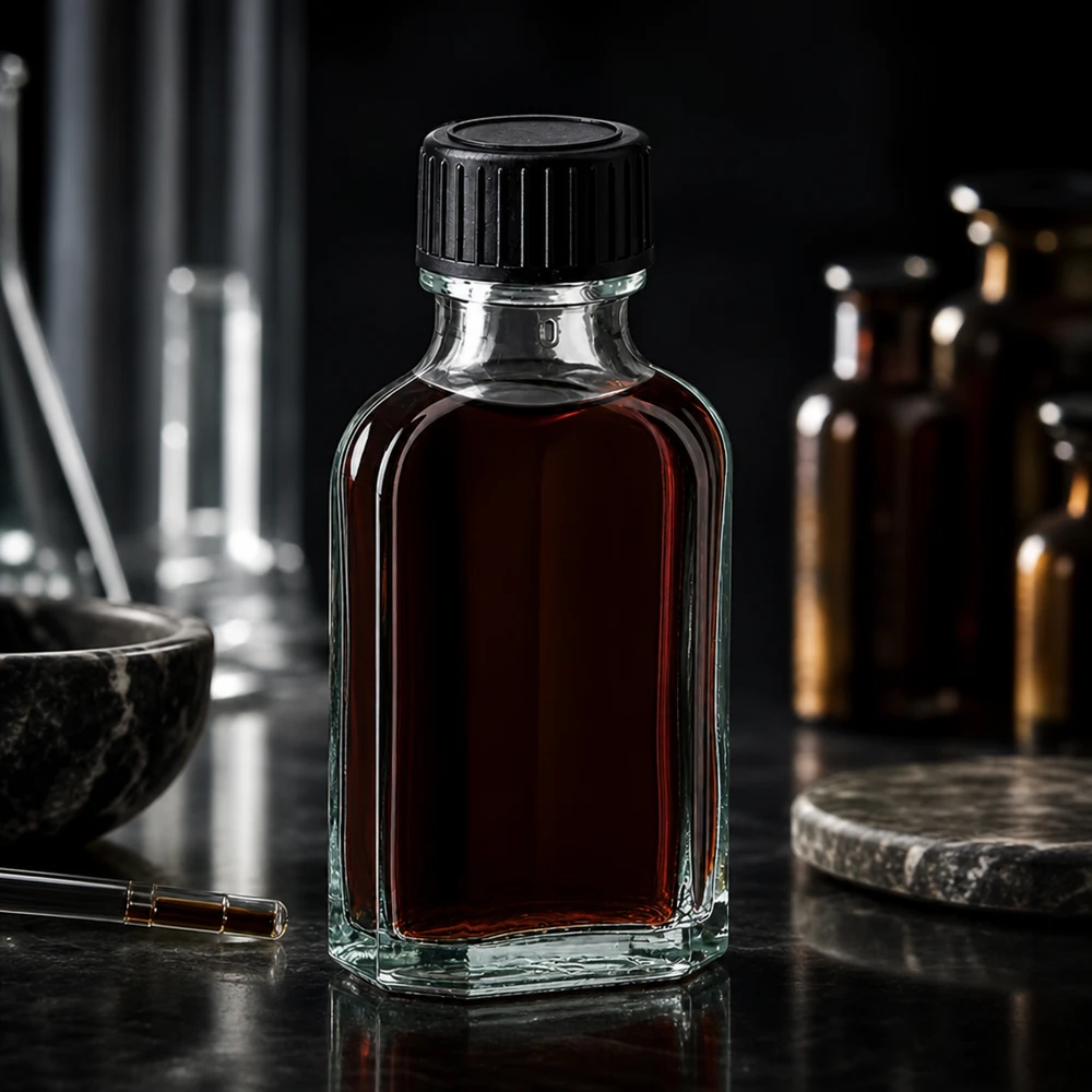 50 ml szklana buteleczka typu „Meplat” z ciemnobrązową zawartością i czarną zakrętką w laboratorium