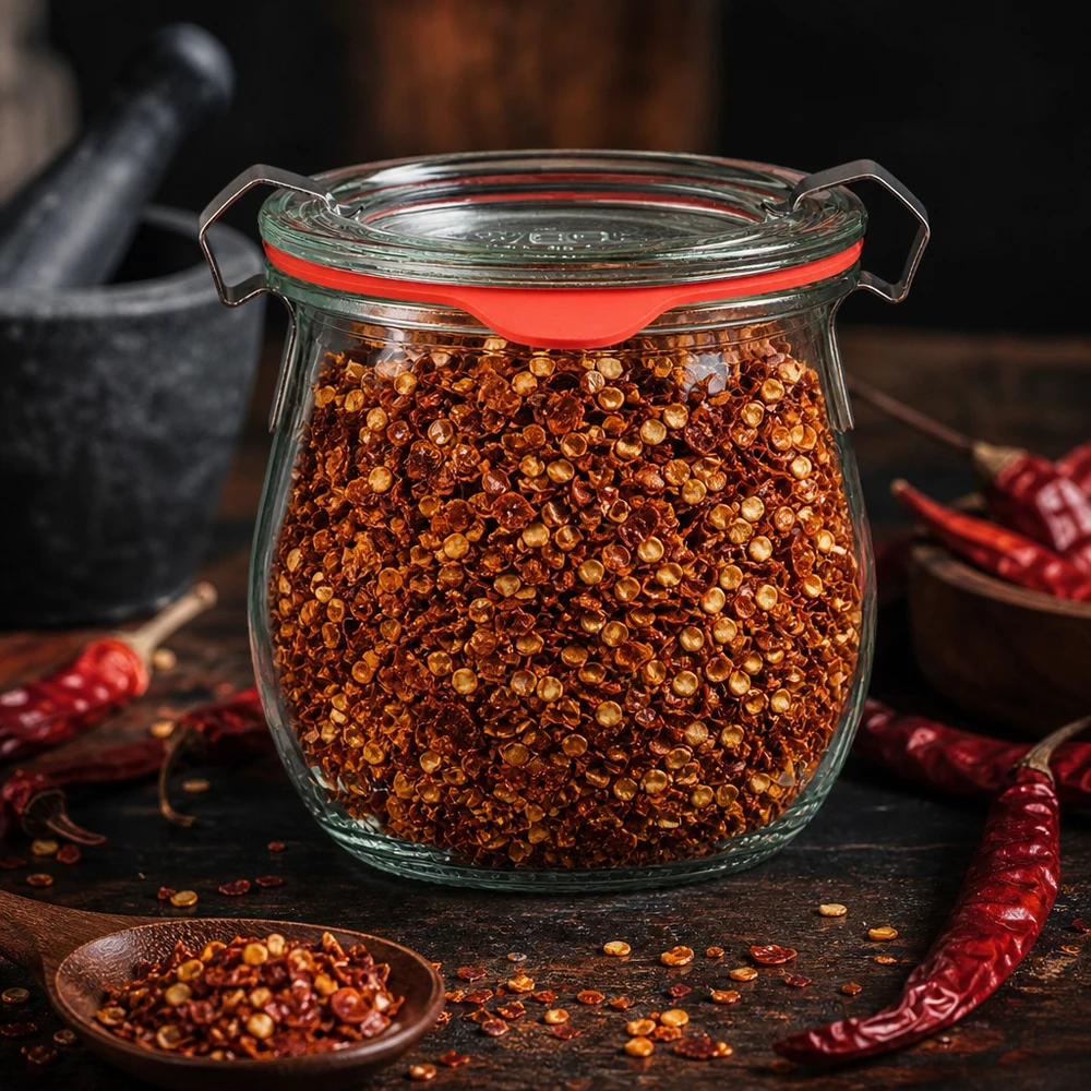 Pomysł na słoik na przyprawy: mini słoik tulipanowy WECK 220 ml Słoik WECK z klipsem 220 ml, wypełniony płatkami chili, z czerwonym gumowym pierścieniem uszczelniającym i metalowymi klipsami, do przechowywania przypraw