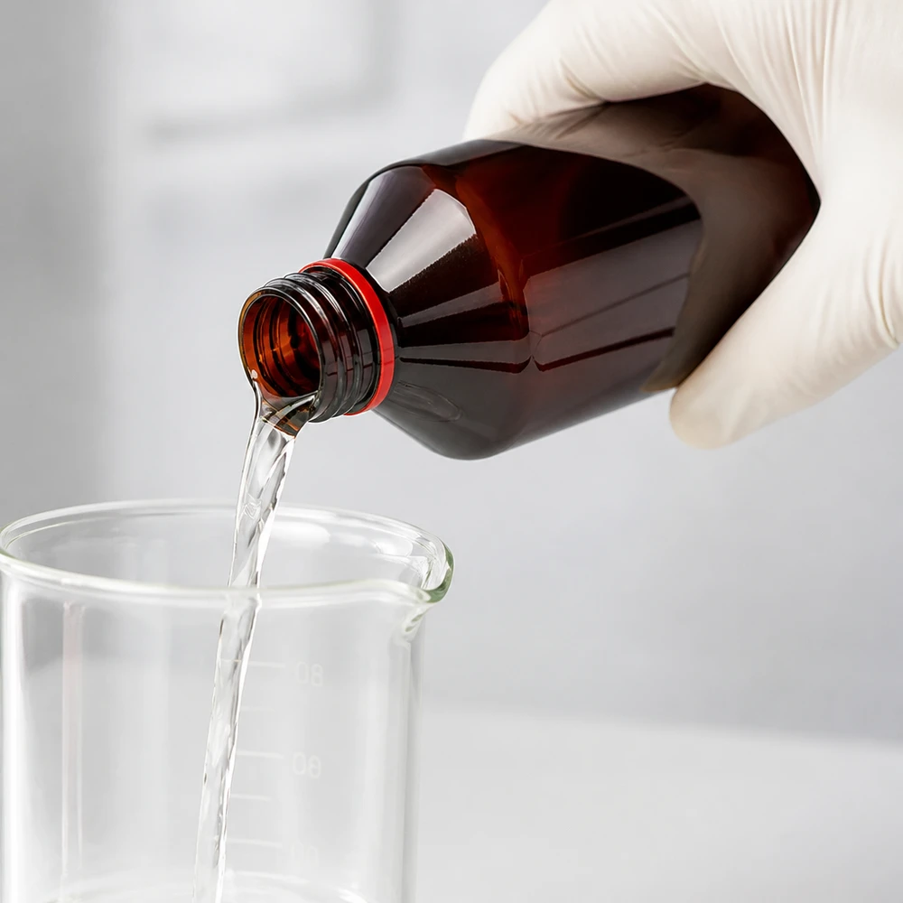 Butelka PET 1000 ml z białą/czerwoną nakrętką OV Laborant przelewa przezroczysty płyn z brązowej butelki PET o pojemności 1000 ml z czerwonym zamknięciem do zlewki