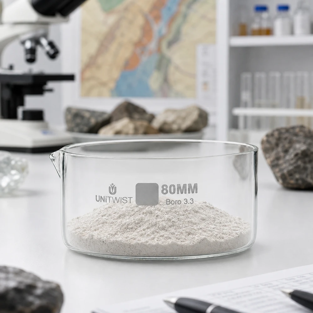Miska krystalizacyjna 80 mm z białym proszkiem na stole laboratoryjnym obok próbek skał UNiTWIST