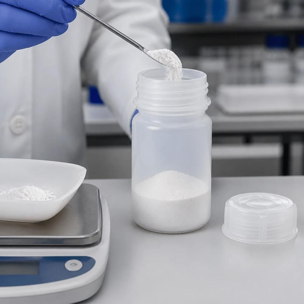 Butelka laboratoryjna 50 ml z szeroką szyjką i zakrętką Laborant napełnia 50 ml plastikową butelkę z szeroką szyjką białym proszkiem za pomocą szpatułki