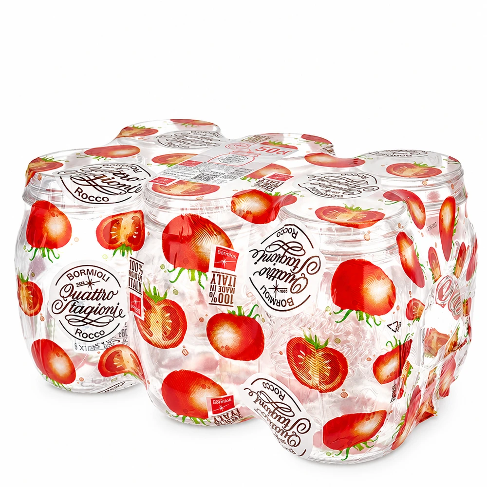 Słoik okrągły 500 ml „Quattro Stagioni” z pokrywką Okrągłe słoiki na przetwory Bormioli Rocco Quattro Stagioni 500 ml w zestawie 6 zakręcanych słoików z motywem truskawek