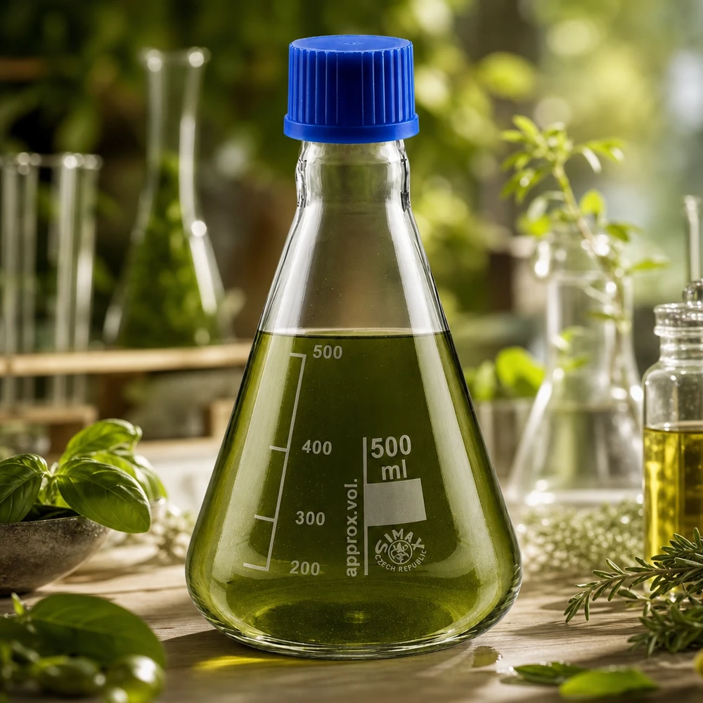 Kolba Erlenmeyera 500 ml z zieloną cieczą i niebieską nasadką do eksperymentów
