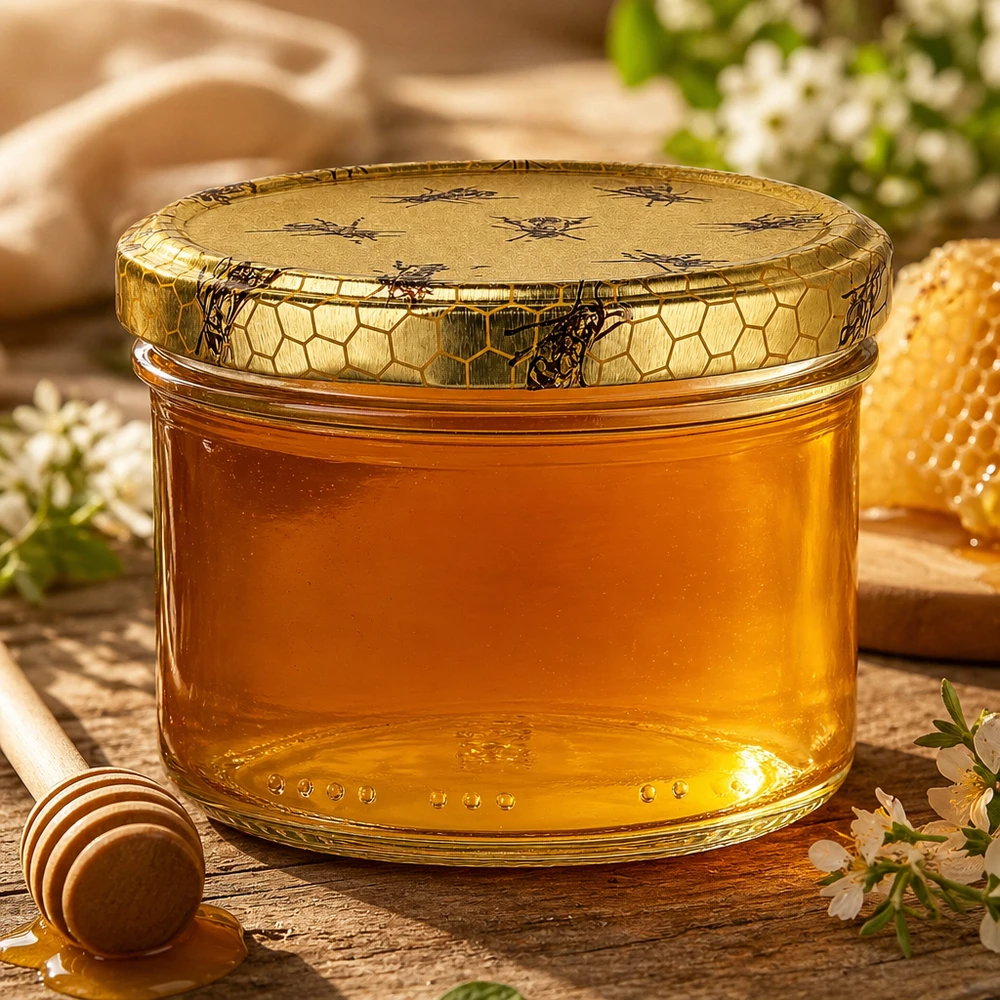 300g Honigglas mit Bienenwabe Deckel BasicSeal UNiTWIST Słoik miodu o pojemności 300 g ze złotą pokrywką z motywem pszczoły, wypełniony czystym naturalnym miodem obok plastra miodu i pałeczki miodu