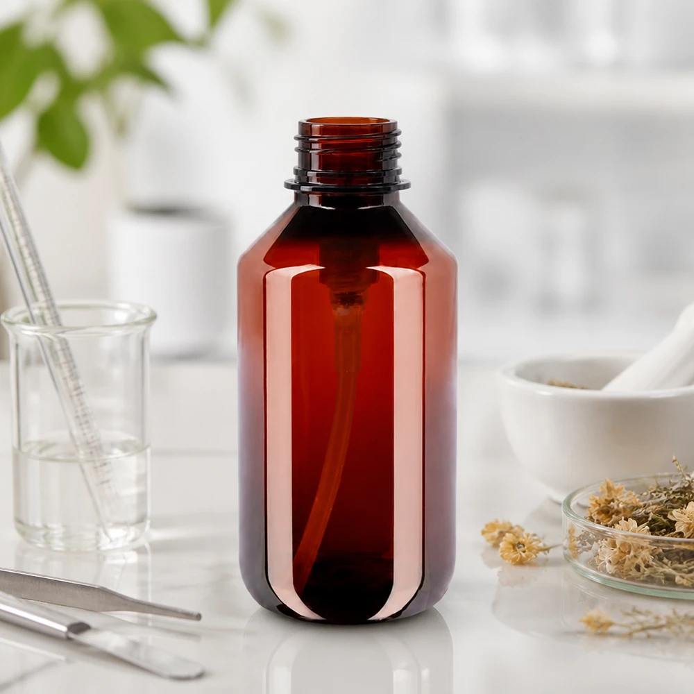 Butelka PET 200ml z pompką dozującą biała Stabile bernsteinfarbene PET Dosierflasche 200ml mit weitem Hals und Schraubverschluss