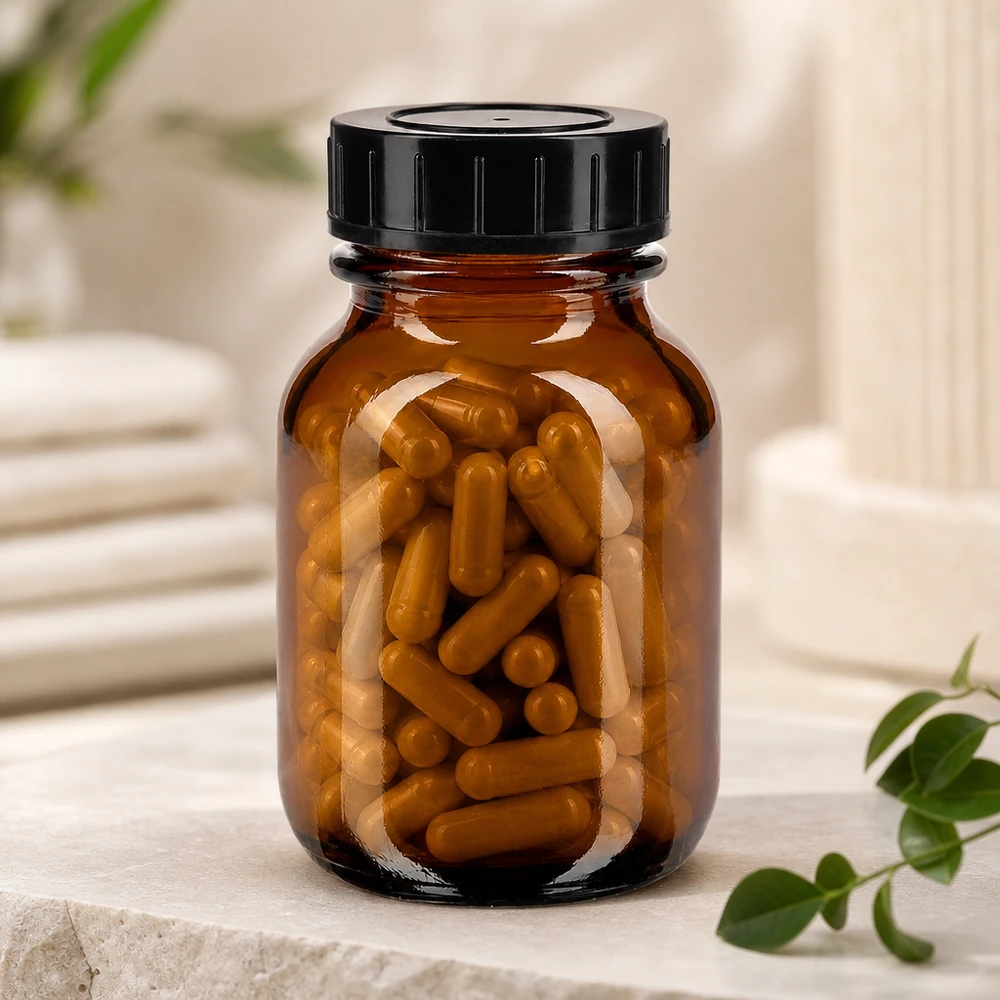 Butelka z szeroką szyjką o pojemności 50 ml z bursztynowego szkła z zakrętką Butelka z bursztynowego szkła o pojemności 50 ml z szerokim otworem i czarnym korkiem ułatwiającym napełnianie.
