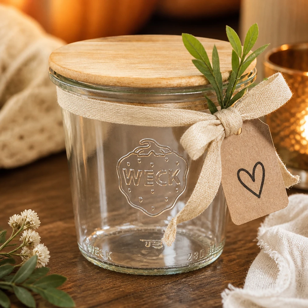 Wysokie kubki WECK RR80 o pojemności 290 ml z drewnianą pokrywką Kubki WECK 290ml RR80 z bambusową pokrywką i przywieszką prezentową jako dekoracja z ziołami i materiałową wstążką