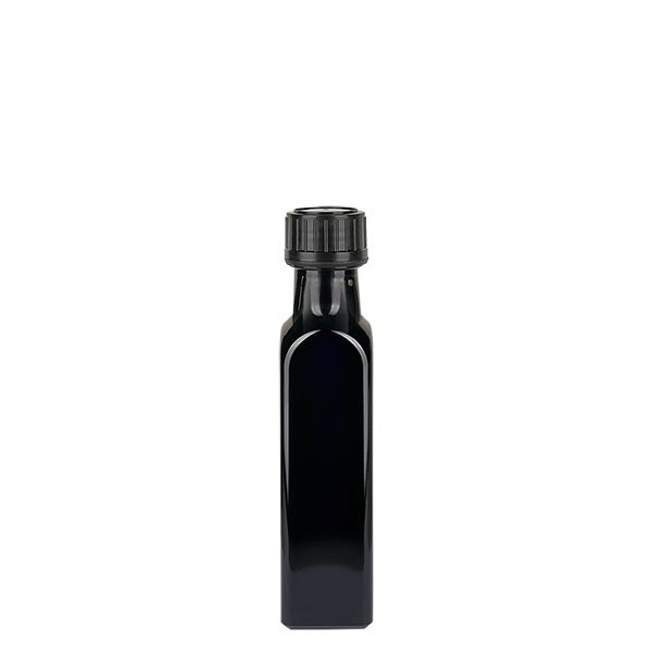 Kwadratowa butelka z fioletowego szkła 250 ml (butelka na olej), UNI 10155 31,5x 24, z czarną zakrętką 103574 Kwadratowa butelka z fioletowego szkła 250 ml (butelka na olej), UNI 10155 31,5x 24, z czarną zakrętką 103574