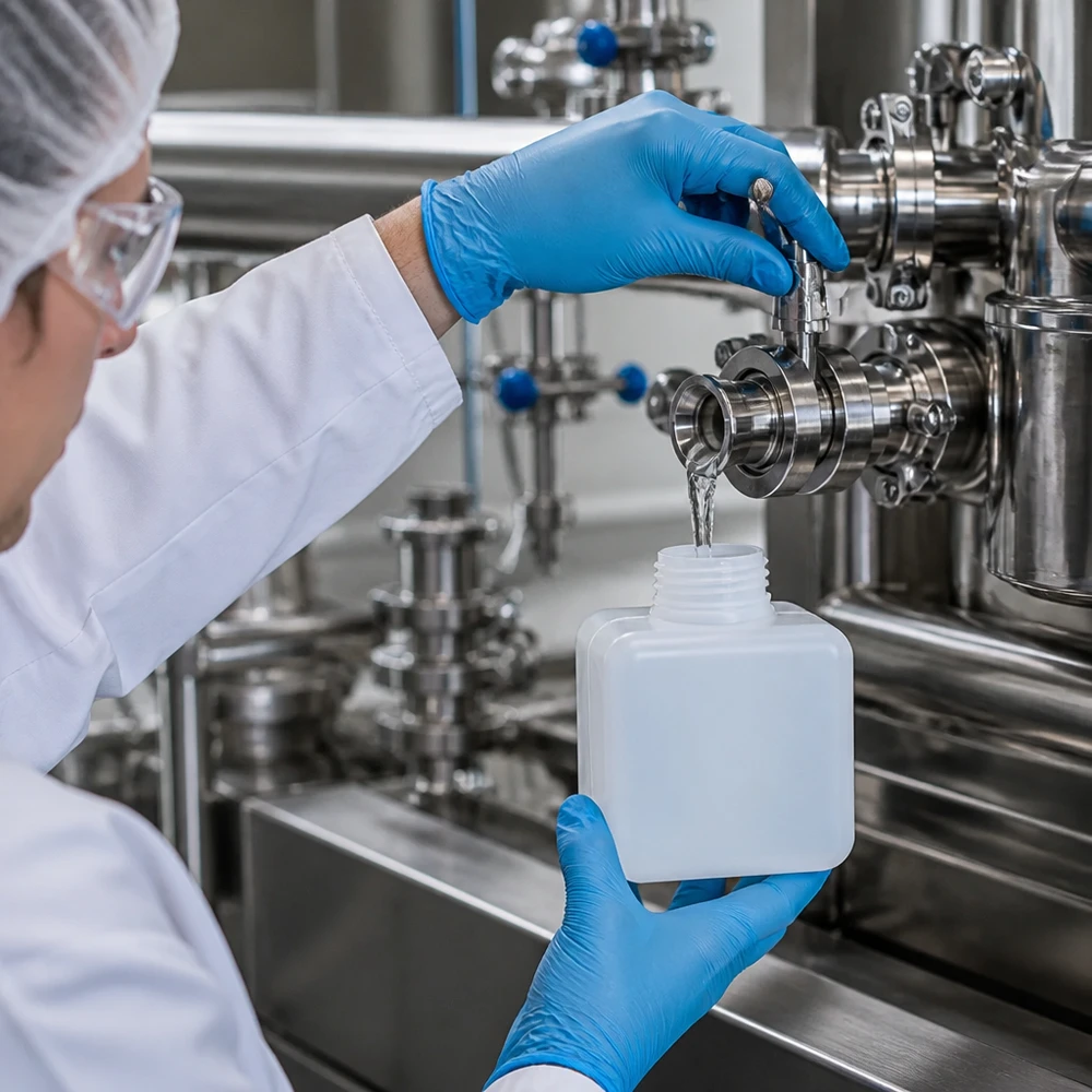 Laborant pobiera próbkę cieczy z instalacji przemysłowej do butelki na chemikalia z PE-HD o pojemności 500 ml i wąskiej szyjce